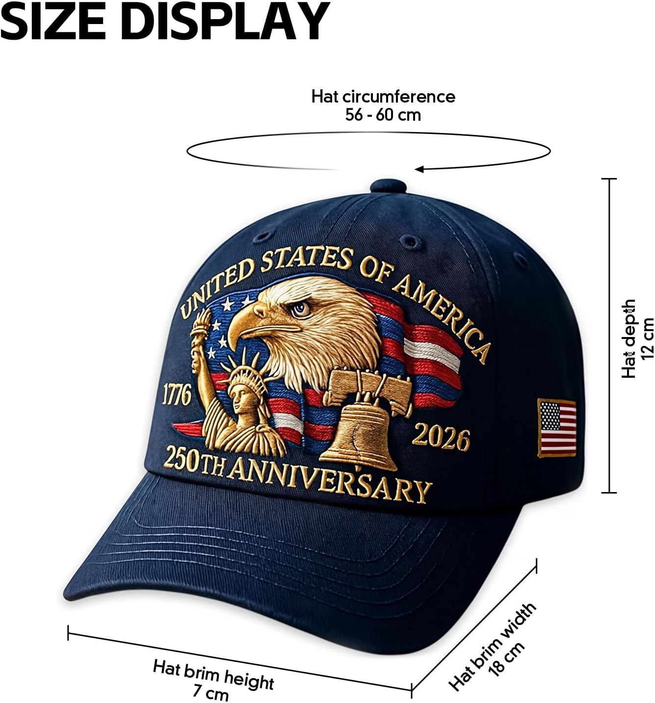 250th Anniversary USA Hat - Adjustable United States 250th Anniversary Hat Retro Embroidered Baseball Cap - Image 2