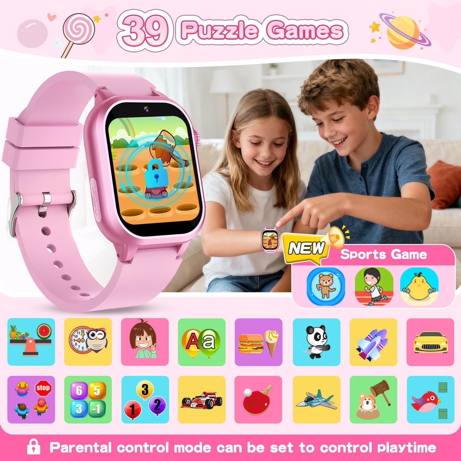 Smart Watch for Girls - Kids Watch with 39 Games, Built-in Camera, Video Recorder, Alarm, Calculator, Pedometer & Various Wallpapers – Toys for Ages 4-12 Years Old Birthday - Image 3