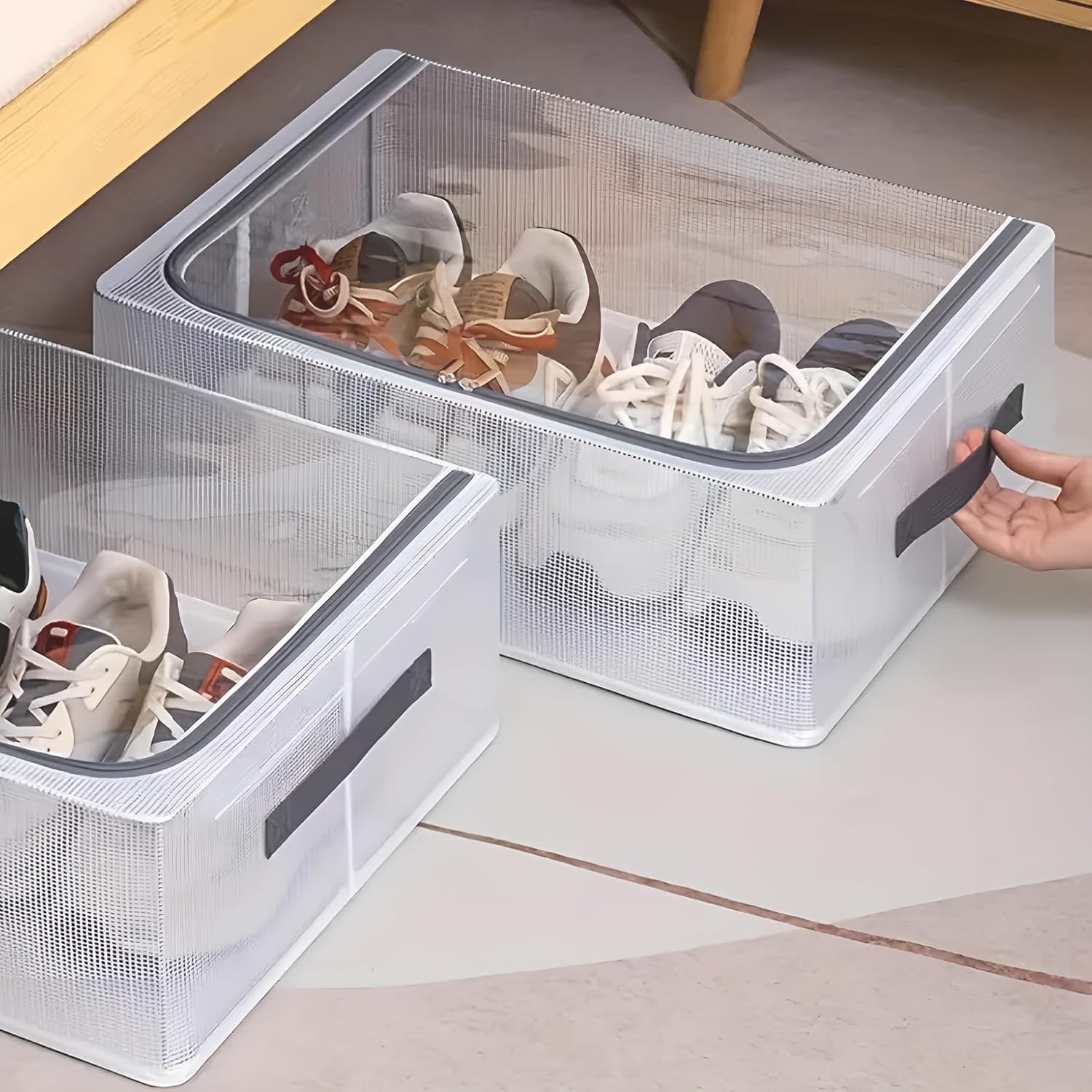 Jukkre Shoe Storage Boxes for Closet, Foldable Underbed Organizers with Lids and Zipper, Plastic Mesh Netting Box with Steel Frame,Under Bed Shoe Containers,Clear Storage Bins for Cloth,Socks