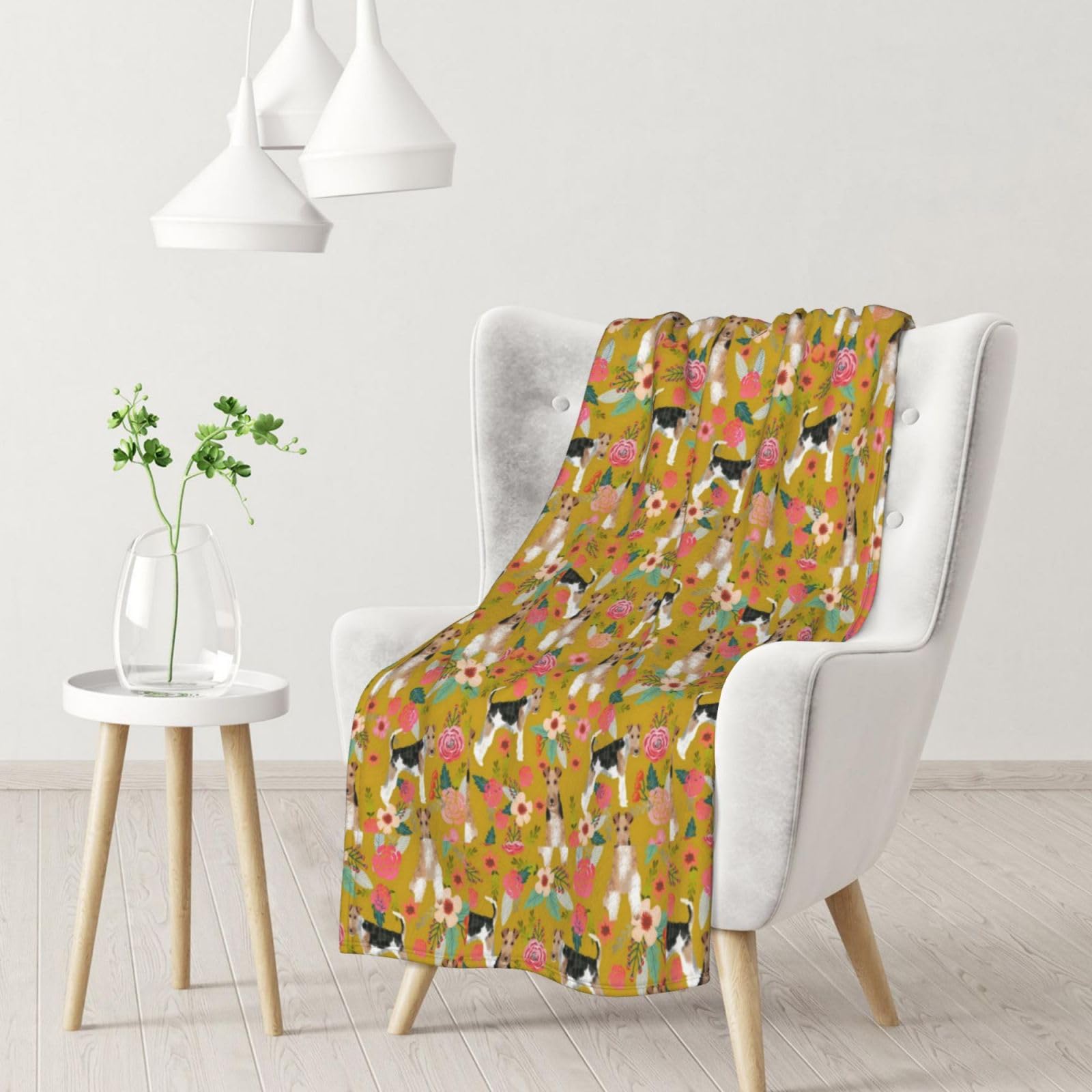 Blanket,Warm Flannel Blanket Throw/Blanket Bed Throw for Sofa Office 102X 76 cm,Wire Fox Terrier Floral Mustard