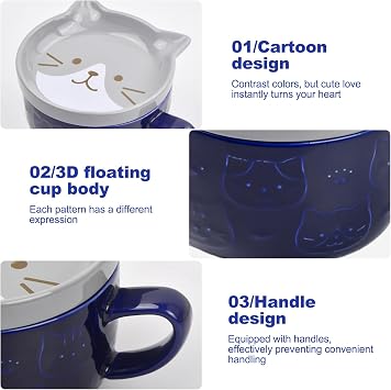 Cartoon Ceramic Breakfast Milk Tea Mug, Cat Mug Cute Ceramic Coffee Cup 300ML, Animal Coffee Tea Cup Set with Lid Heatable for Birthday Festivals Gifts Girls Boys Teacher Friend (Brown cat)