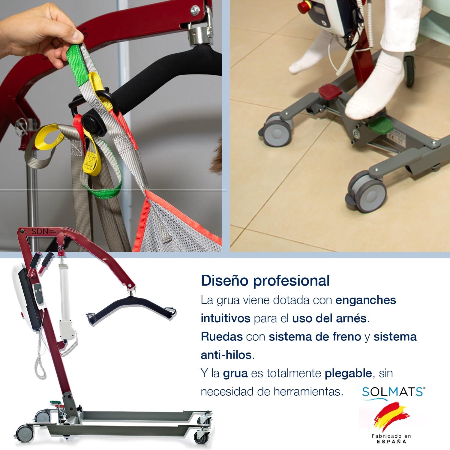 Grúa eléctrica, Grúa personas mayores, Grúa para enfermos, Elevador de pacientes, Marca Española, Solmats, Soporta 150 kg, Arnés Incluido, Personas Mayores, Segura, Plegable, Fácil de Usar