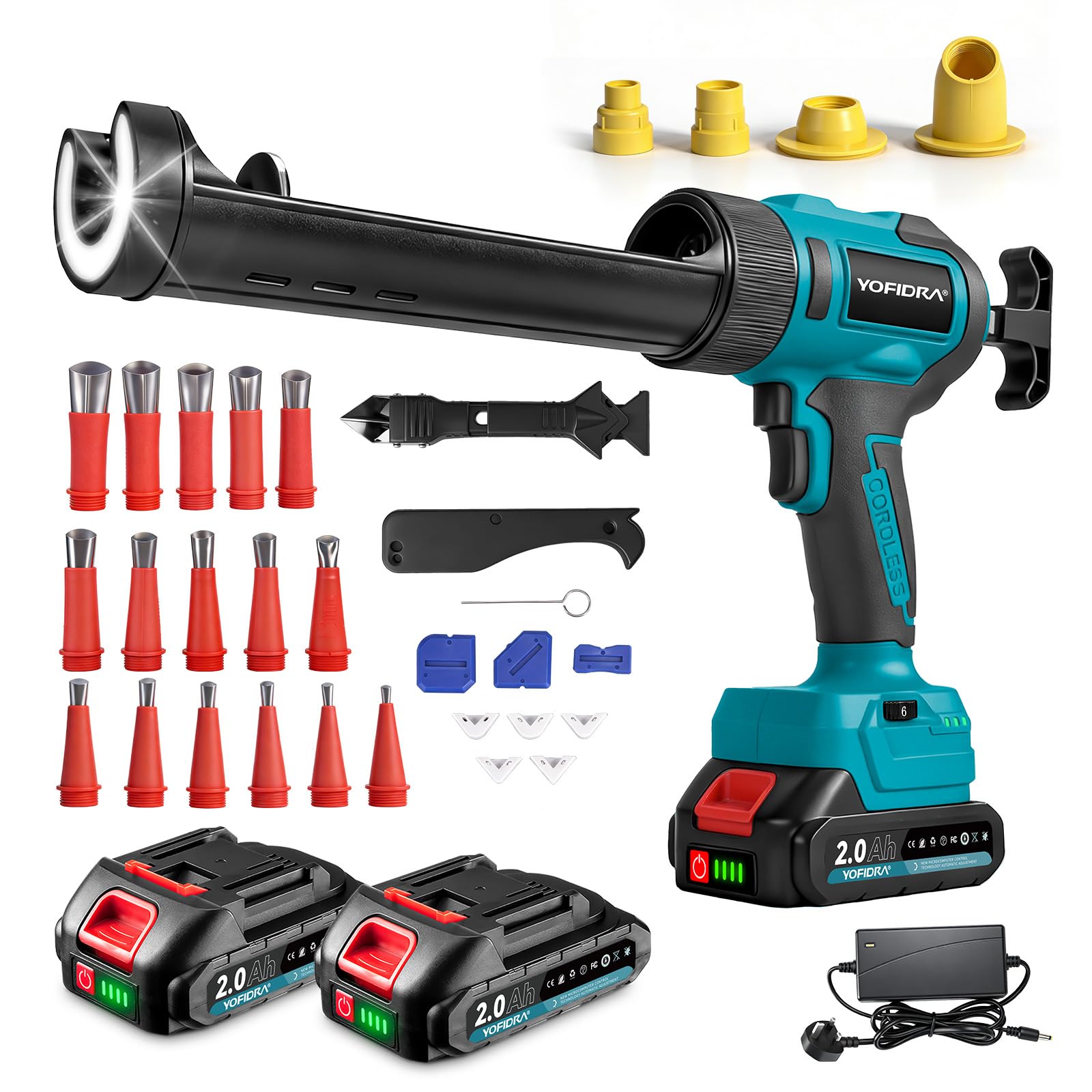 Yofidra Turquoise Electric Caulking Gun Cordless, 6 Speed Adjustable, 2 X 2.0Ah Batteries, Led Light, Lcd Display, Anti-Drip - 10Oz/300Ml Silicone & Sealant Cartridges For Sealing, Filling, Leak Proof, Diy