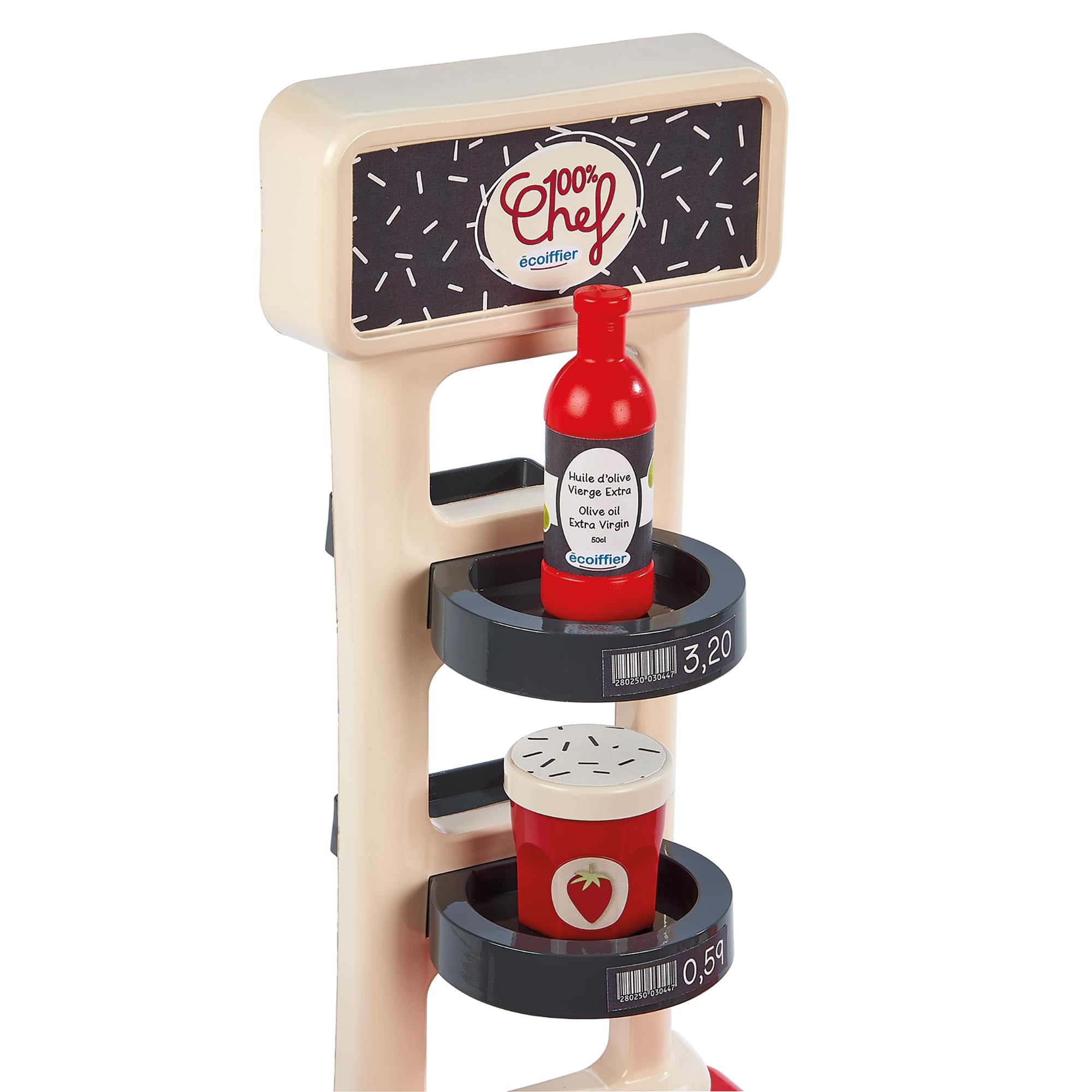 Ecoiffier 100por ciento Chef supermercado con Carrito, mostrador con Productos, TPV, báscula, micrófono y Accesorios, Juego de imitación Desde 18 Meses (7900001676)