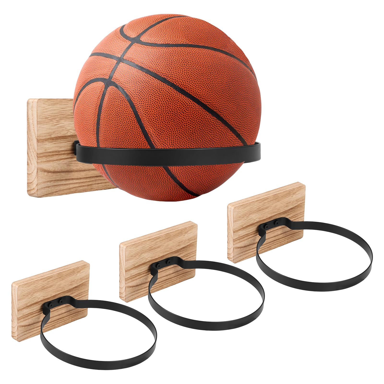 Lot de 4 supports muraux en bois pour ballon de basket-ball, volley-ball, football, rugby