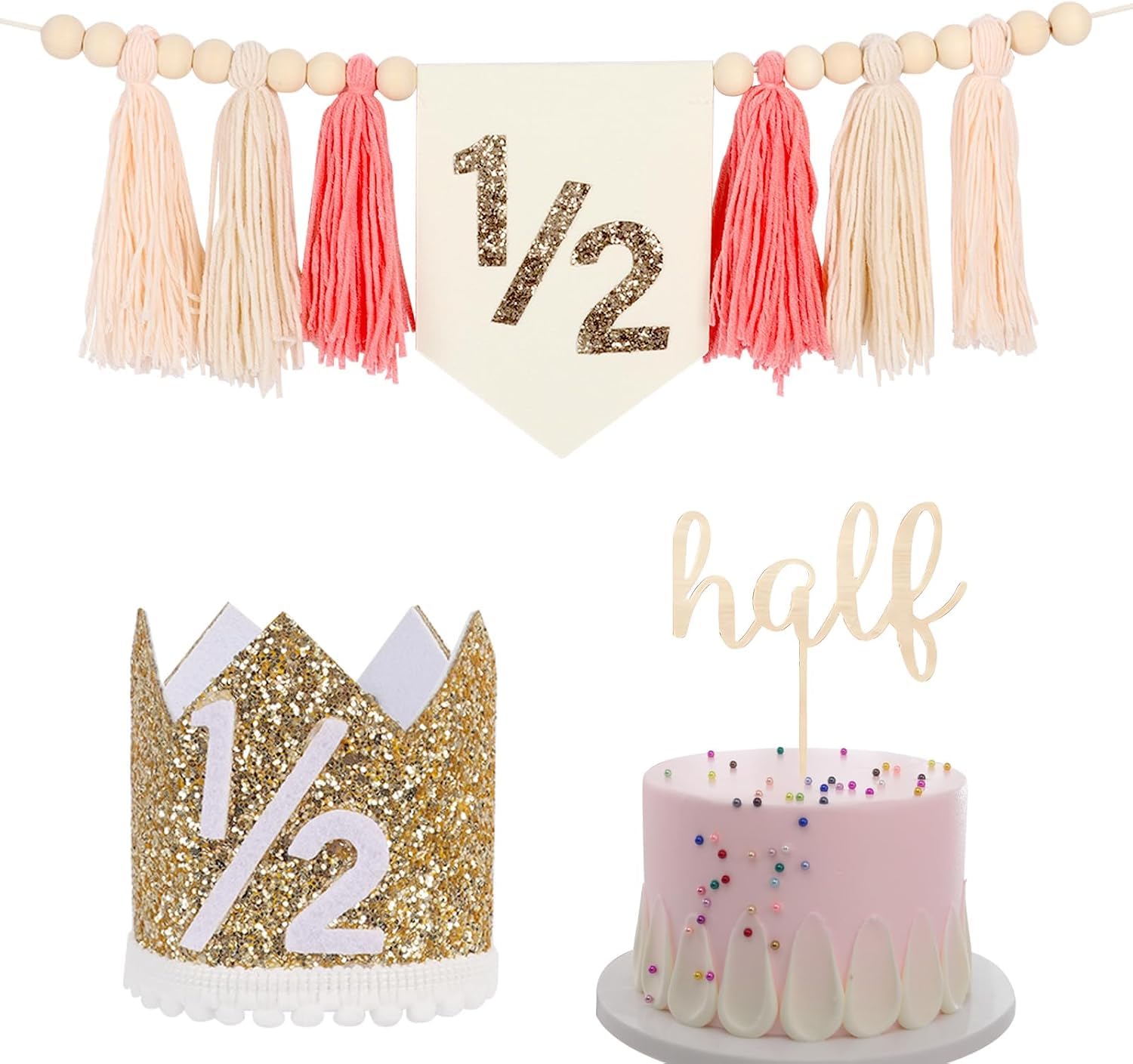 One High Chair Banner For 1st Birthday Party Boy Decorations With Green Tassel Garland Crown Hat Cake Topper (Pink1/2)