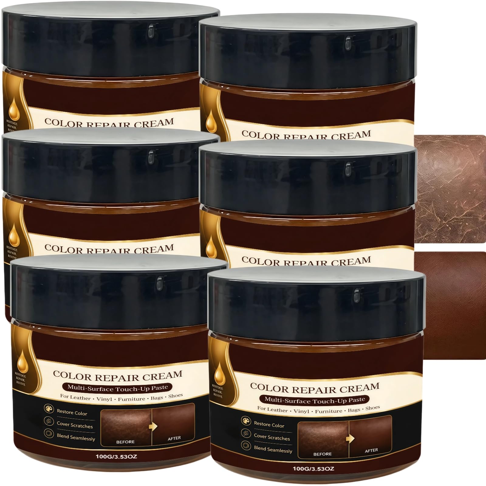 Crema reparadora color piel marrón – Tinte para arañazos y superficies desgastadas – Repara los desprendimientos y desgarros de piel y vinilo, kit de restauración multiusos para interior (6 unidades)