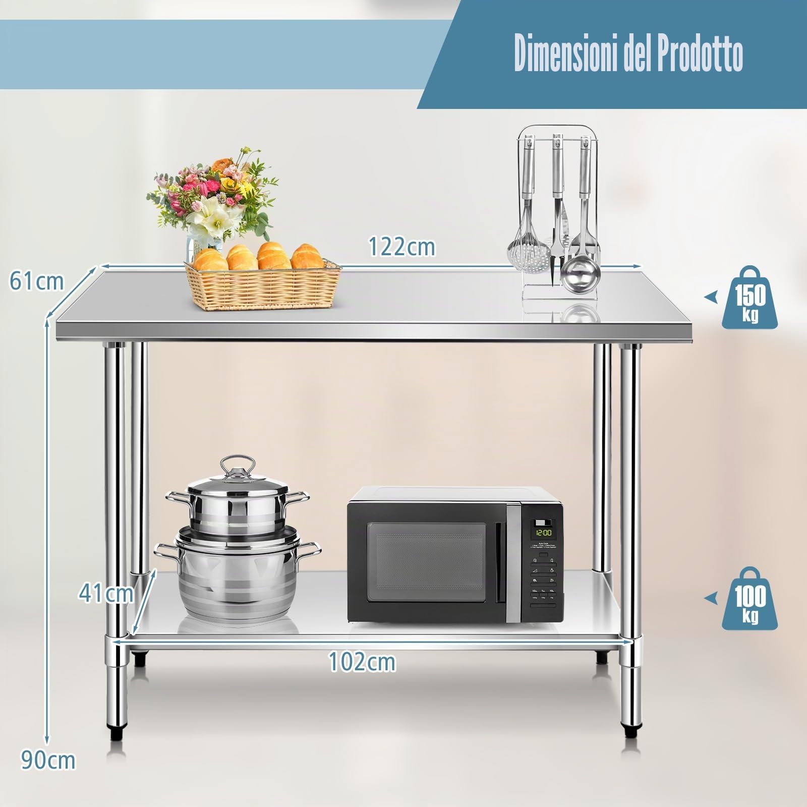 GIANTEX Tavolo da Lavoro in Acciaio Inox a 2 Livelli, Tavolo da Cucina Multifunzione con Ripiano Regolabile e Piedini Livellanti, per Preparazione Alimentare, 122x61x89 cm