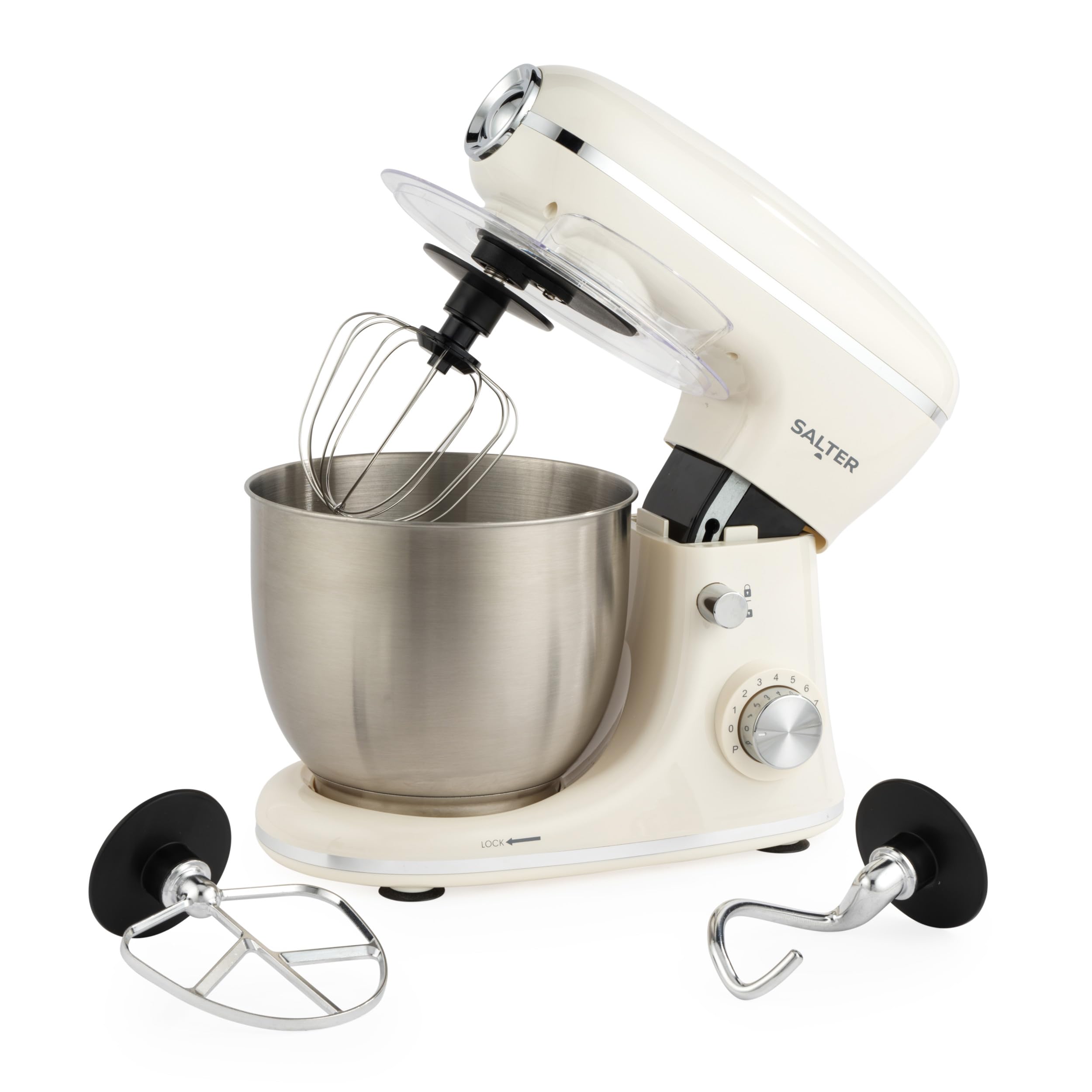 Salter Retro Cream Mixer - Mezclador eléctrico de cocina de alimentos de 5 L, cuenco extraíble de acero inoxidable, accesorios incluidos, gancho de masa, batidor de alambre, batidora, 8