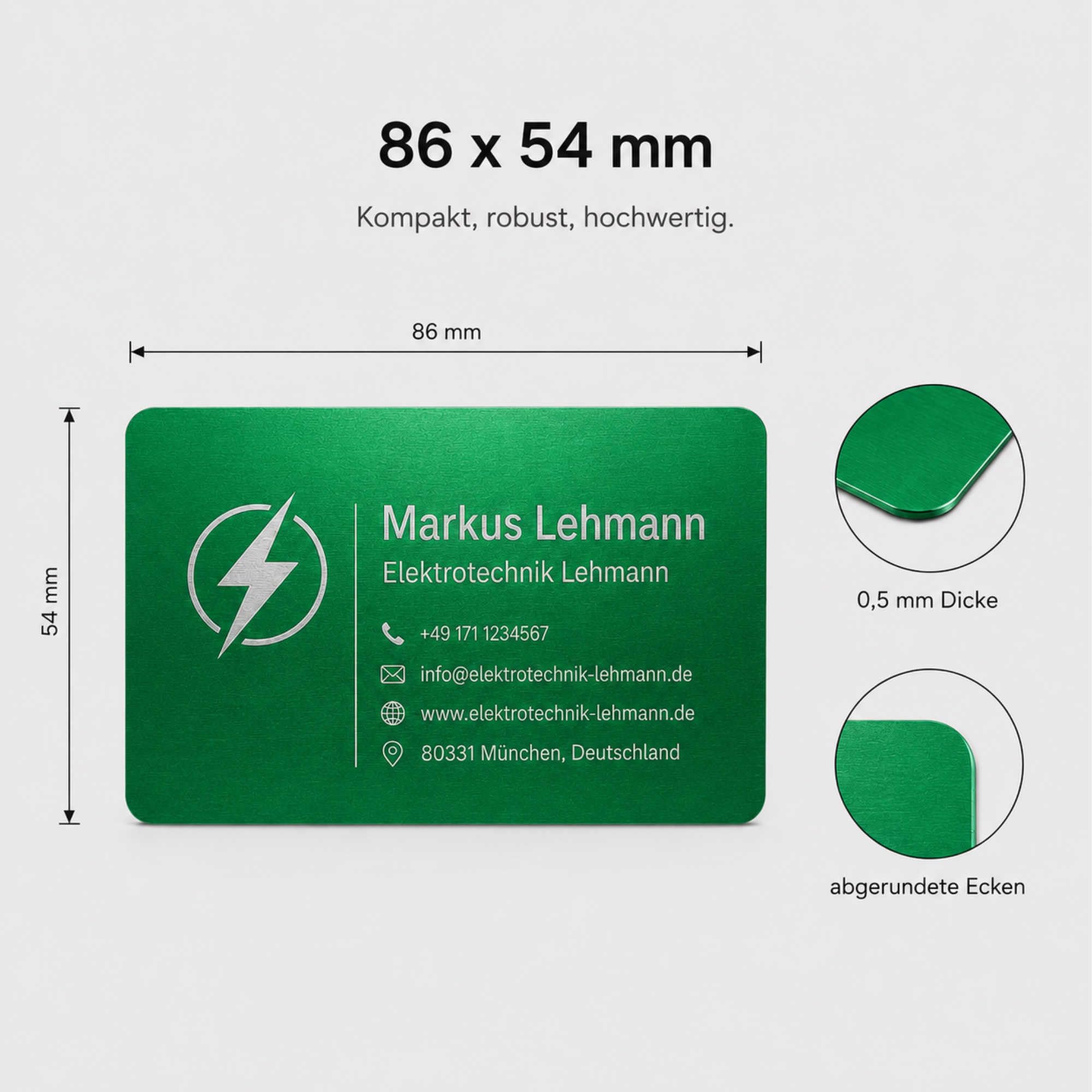 Visitenkarten erstellen - 100 personalisierte Aluminium Metall-Visitenkarten in grün, 85 x 54 mm, mit Logo, Text oder QR Code, beidseitige Lasergravur