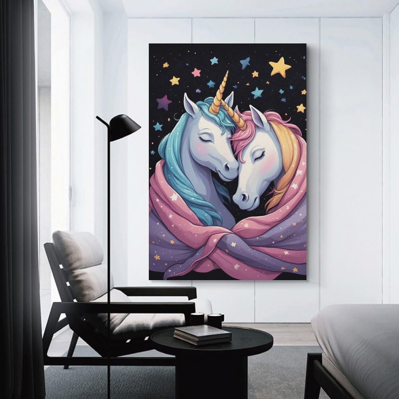 Junmoney Canvas Wall Picture Two Unicorns Embracing in Starry Night, 20x30inch(50x75cm), for Sofa Walls, Lounge Or Home Corners, Canvas Styling for A Polished Room Look