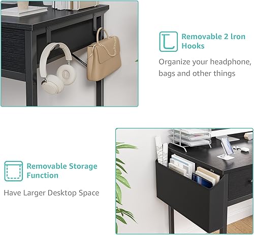 Miniatura 25 de Lufeiya - Escritorio pequeño para computadora para dormitorio, oficina en casa, 2 cajones de tela de almacenamiento y bolsa, mesa de estudio para