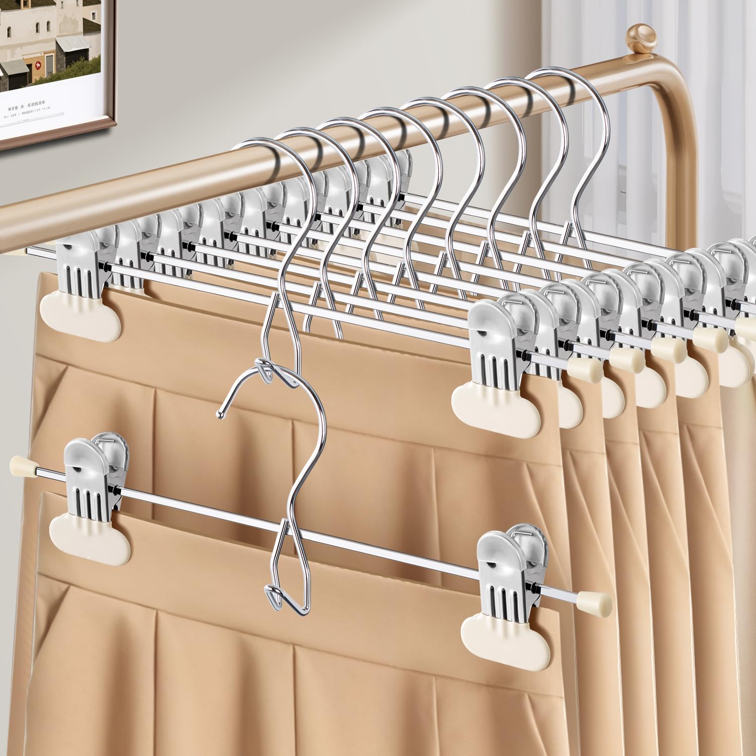 HUADYMEET 16 Inch Space Saving Pant Skirt Hangers with Clips,Beige,50 Pack