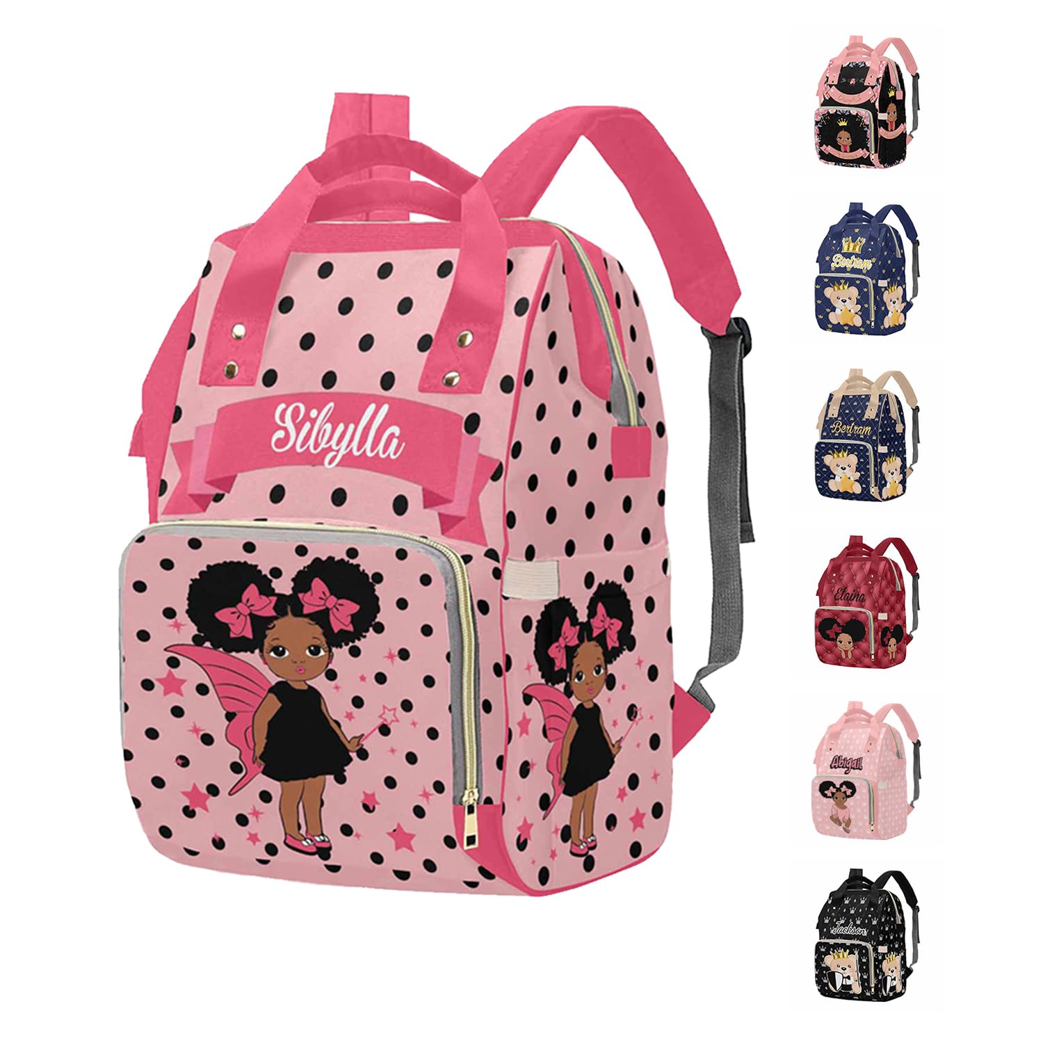 M YESCUSTOM Personalized Pink Baby Diaper Bag, Customized Name Black Dots On Pink Mommy Nursing Backpack Multifunction Travel Daypack for Mother's Day