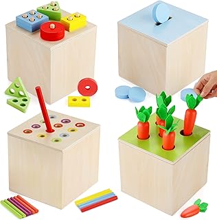 4-in-1 Montessori Toys for 1 2 3 Year Old Boy Girl,Include Wooden Sorting and Stacking Toys,Harvest Carrot Toy,Montessori Coin Box,Fine Motor Skill Toys, Educational Learning Toys for Preschool Kids
