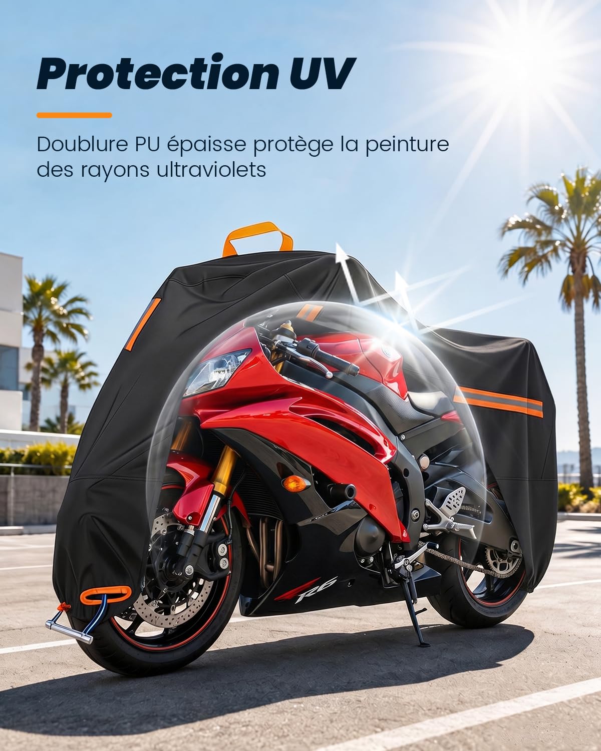 Bache Moto 4XL, 420D Bache de Protection Exterieur Imperméable | 295×110×140 cm, Housse Moto avec Poignée et Trou de Chaine Antivol, Protection contre Poussière Pluie Neige UV