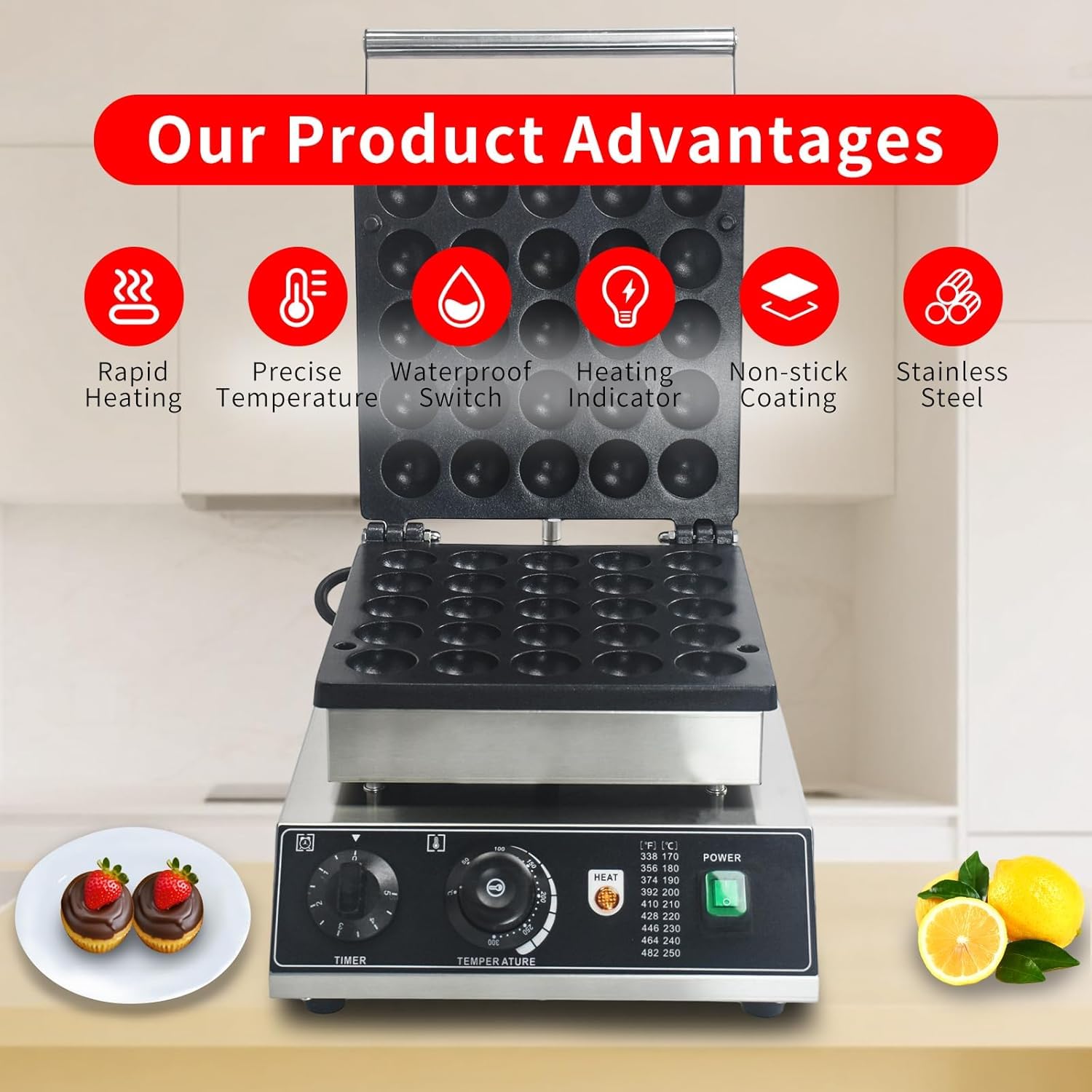 Piastra Elettrica Professionale per Waffle A Bolle, Set da 25 Piastre Antiaderenti in Acciaio Inox, Temperatura Regolabile da 50 A 300 °c/122 A 572 °f, Ideale per Ristoranti, Famiglie E Negozi