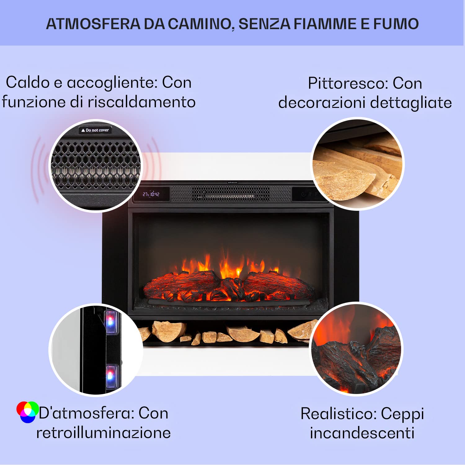 Klarstein Camino Elettrico Basso Consumo, con Mensola, da Parete, Caminetto Finto da Terra, 1900W, Decorativo con LED, Telecomando, Timer, Controllo Temperatura