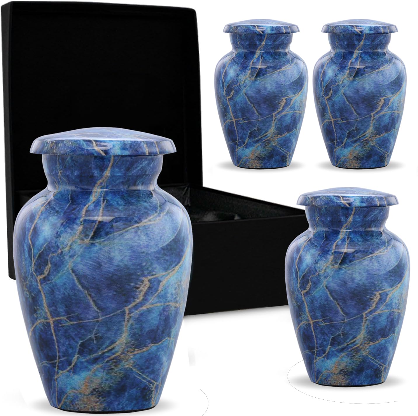 Marble Finish Metal Keepsake Mini Urn - Token Sharing Memorial Urn for Human or Pet Ashes - Velvet Bag Included - Exotic Blue, Large