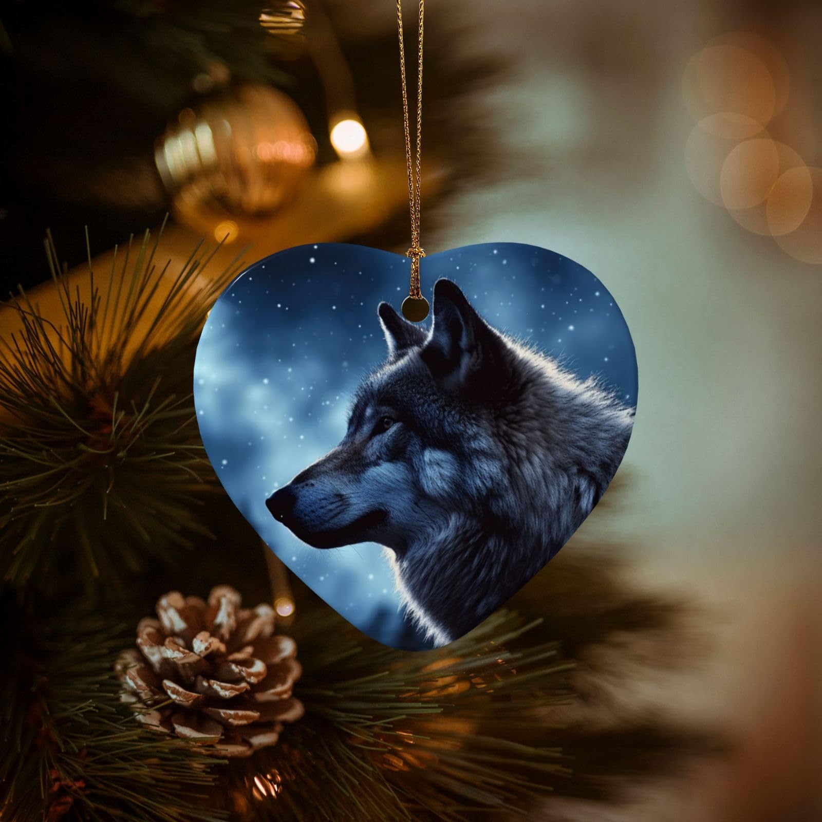 Christmas Ornaments for Christmas Tree Decoration Hanging Lonely Wolf Ornament with Gold Ribbon Crafts Heart Shape Ceramic Pendant for Keepsake Gifts Xmas Decor Party Supplies