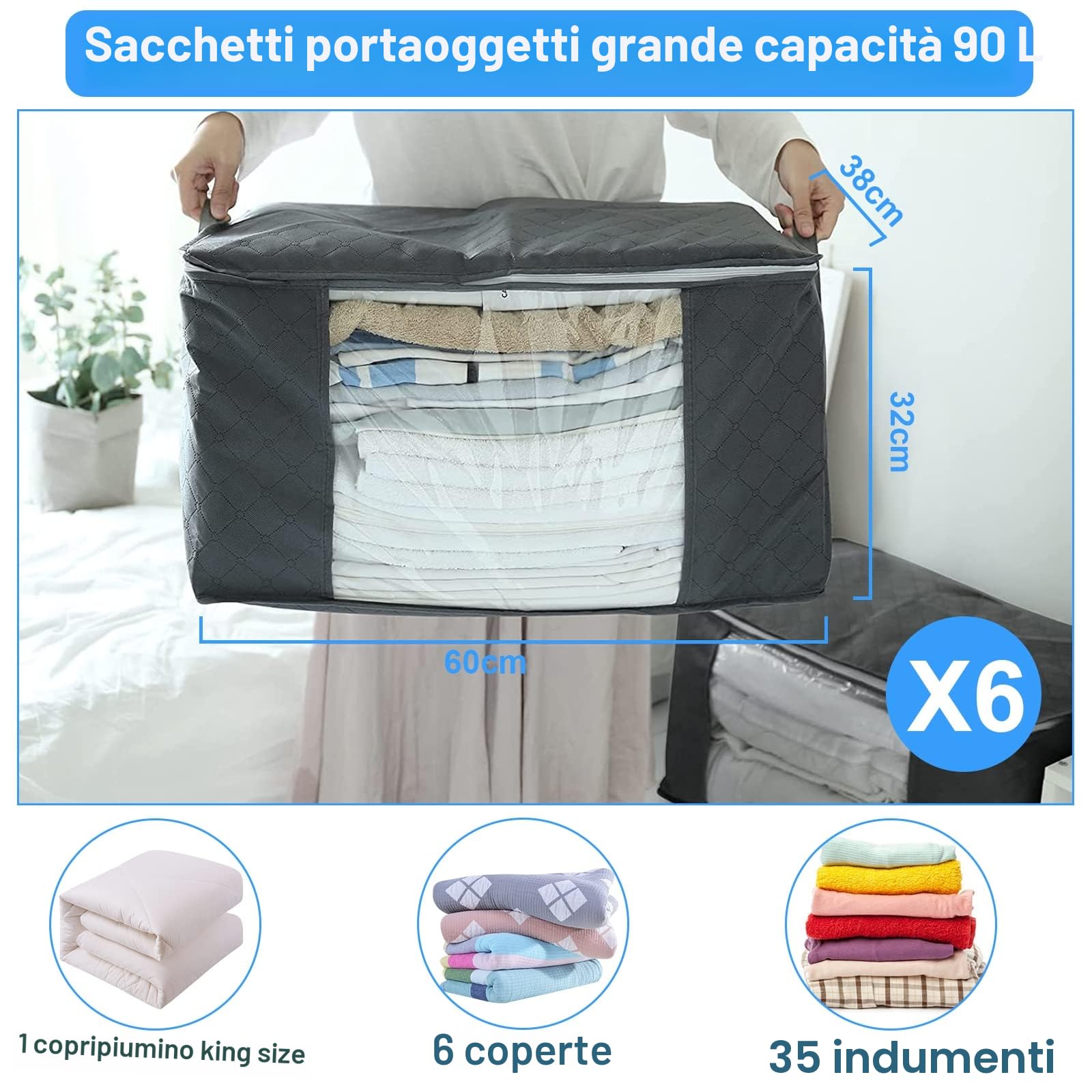 6pcs Scatole per Armadio Salvaspazio, 90L Contenitori per Armadio Pieghevole con Finestra Trasparente e Manici, Scatole per Vestiti in Tessuto, Borsa Organizzatore per Trapunte, Coperte