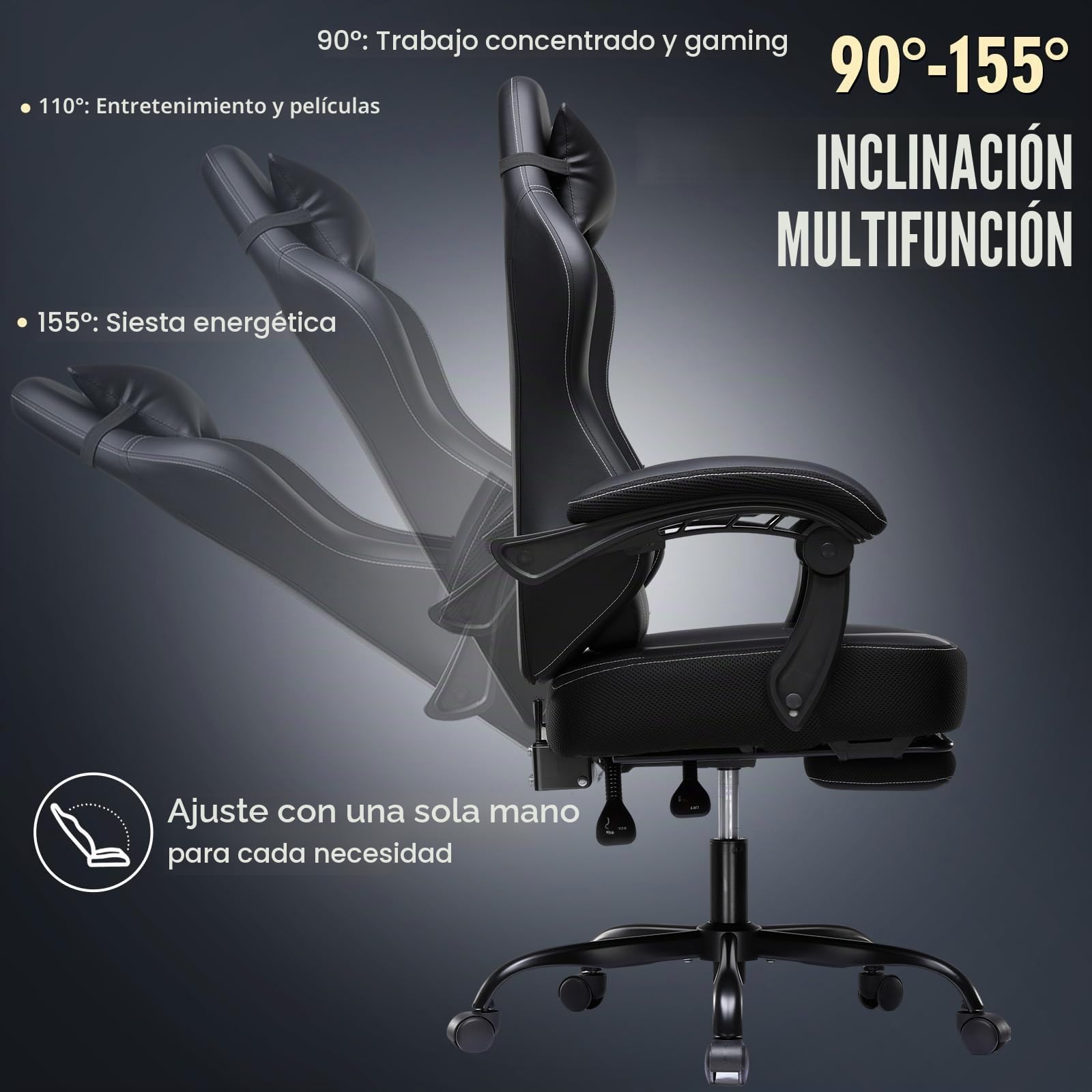 GTPLAYER Silla para Videojuegos, sillón ergonómico con reposapiés, Silla de Oficina Regulable en Altura con reposacabezas y cojín Lumbar, Silla giratoria de Piel sintética, Color Negro