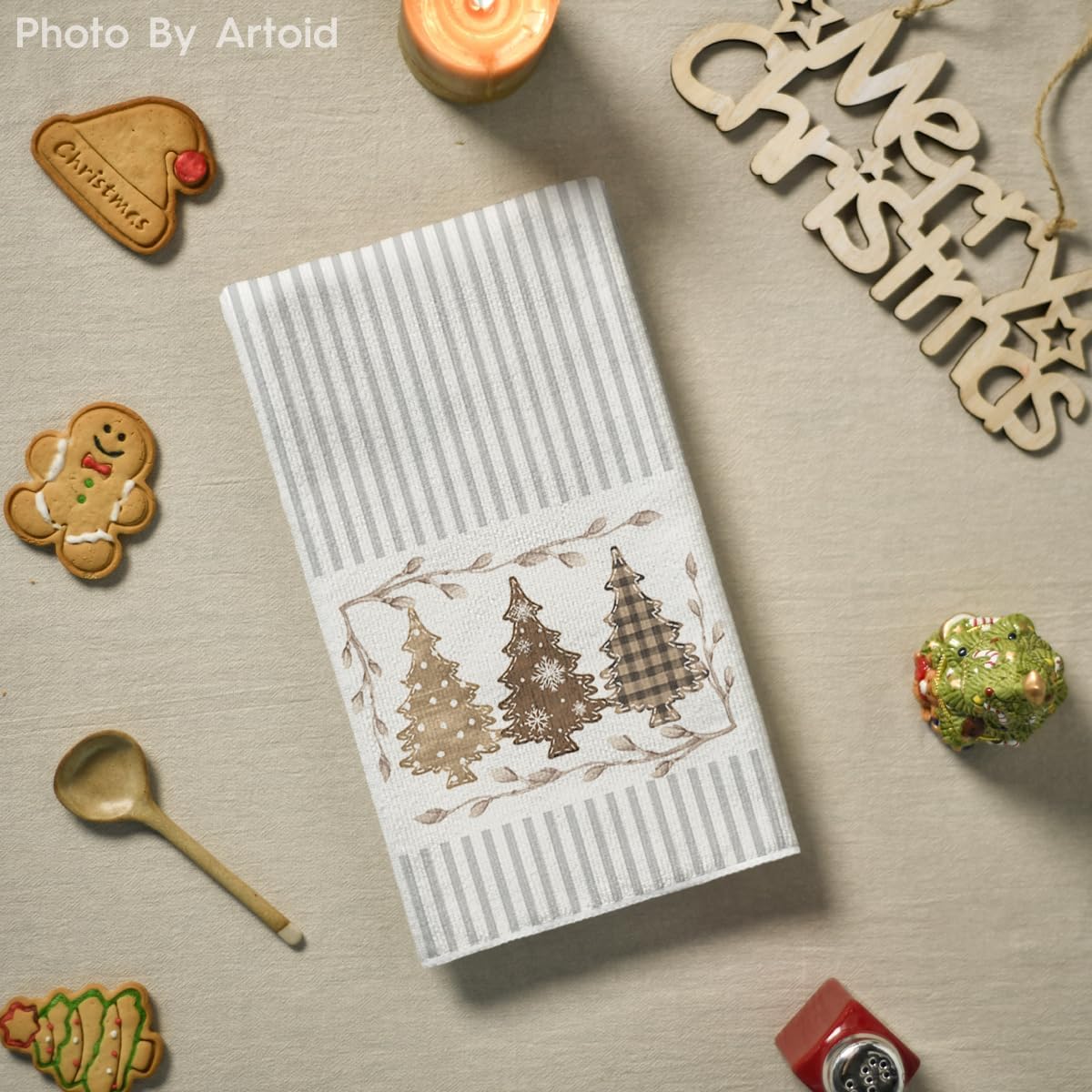 Artoid Mode Beige Stripes Deer Xmas Tree Christmas Kitchen Towels Dish Towels, 18x26 Inch Farmhouse Holiday Winter Decoration Cleaning Set of 2 - Image 4