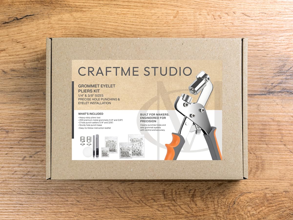 CRAFTMEMORE Kit de herramientas de ojales con 200 ojales plateados, alicates de doble cabeza de 3/8 y 1/4 pulgadas, para lonas, anillos de tela, cuero, tiendas de campaña, vinilo, lona