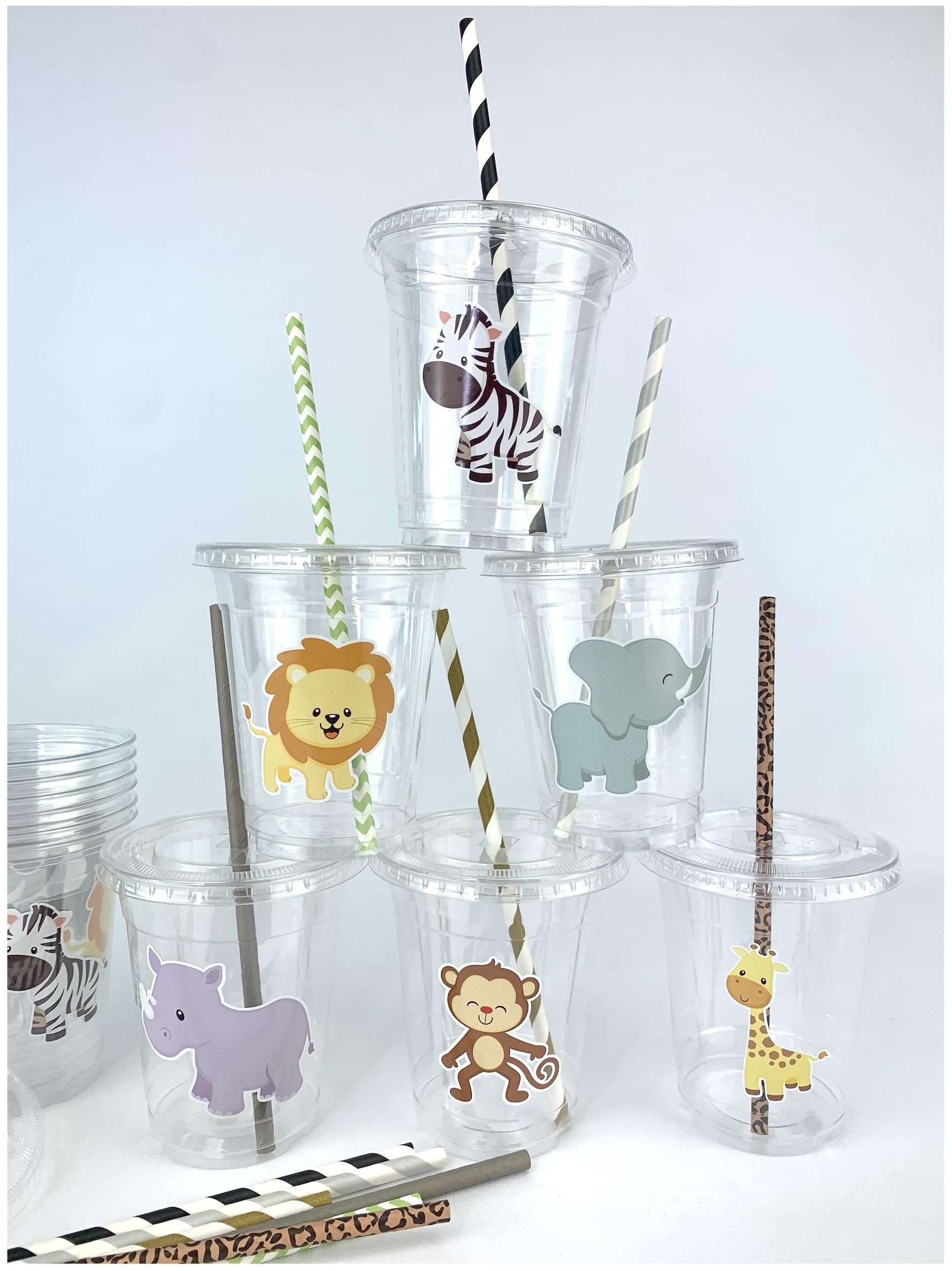 Safari Animal Plastic Party Cups with Lids and Straws, Birthday Drinkware, Jungle Baby Shower Tableware, Set of 12