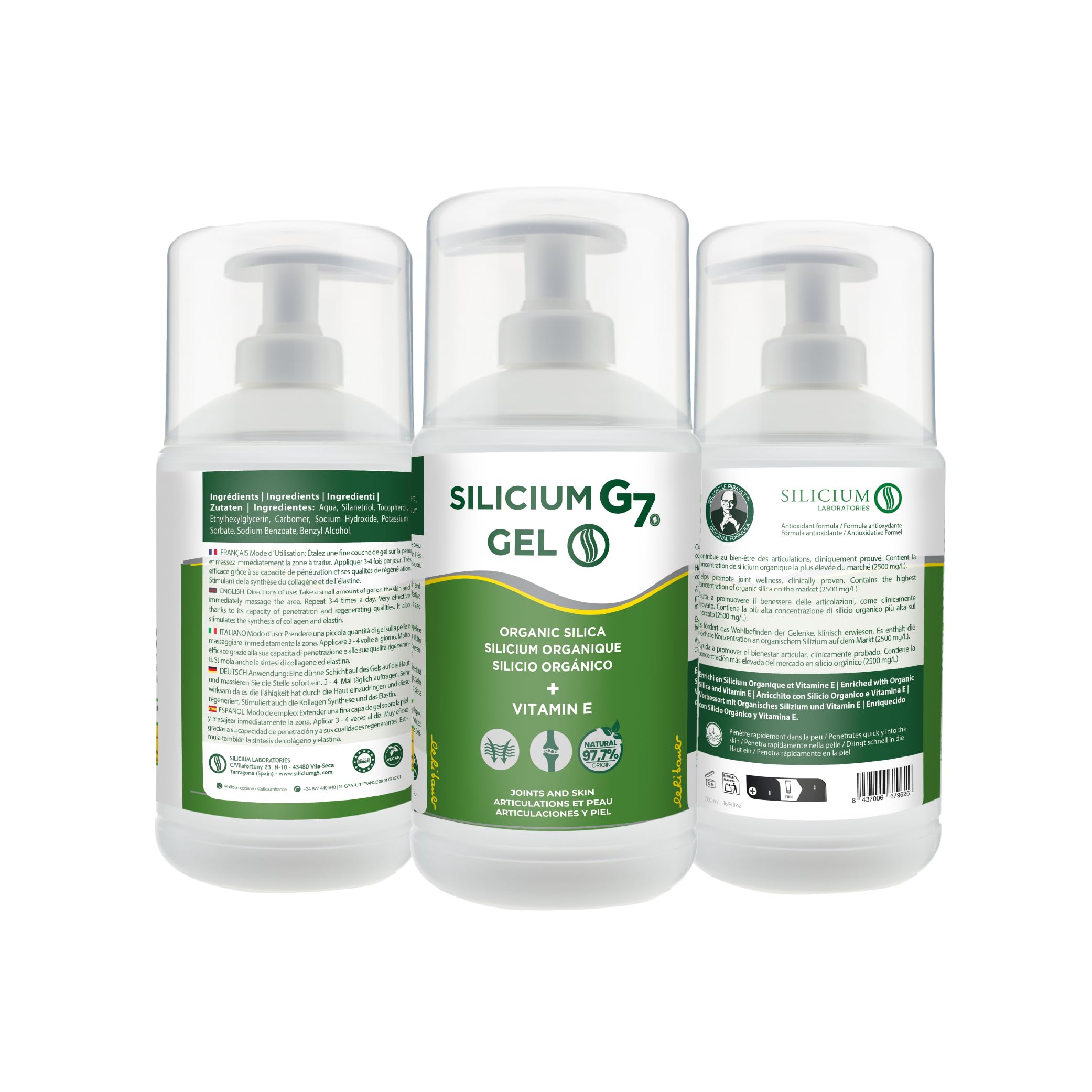 Silicium G7 Gel Corpo, Alta Concentrazione di Silicio, Sollievo per Articolazioni e Muscoli, Assorbimento Rapido, Uso Quotidiano, Texture Leggera, Senza Parabeni, Formato Topico. 500ml