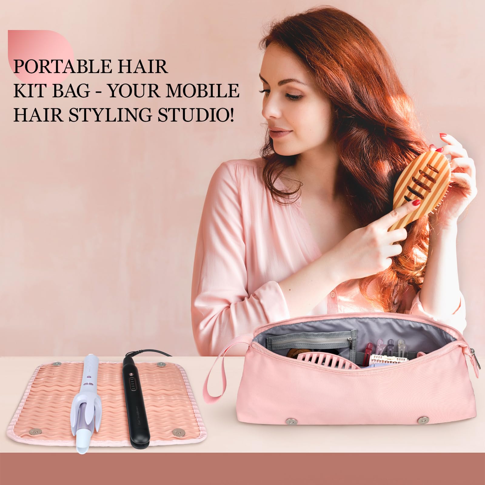 Dadanism Kit per Parrucchieri, Borsa da Viaggio per Strumenti per Capelli con Tappetino Termoresistente Rimovibile, Organizzatore 2 in 1 per Arricciacapelli, Piastra e Accessori da Donna, Rosa