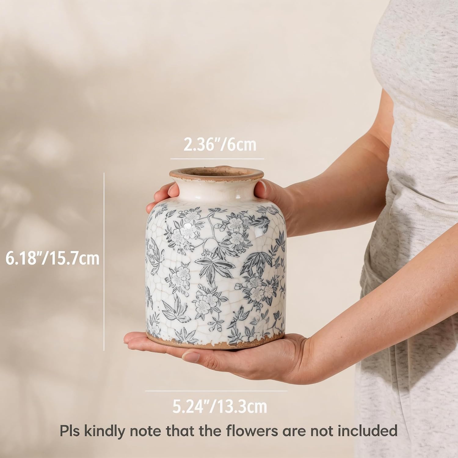 Ronasip Gray Peach Blossom Chinoiserie Vase, 6.2” Crackle Glaze Ceramic Vase, Hand-Painted Vintage Floral Vase with Distressed Rim, Antique Style Decor for Bookshelf, Tabletop (Gray, 6.2”)