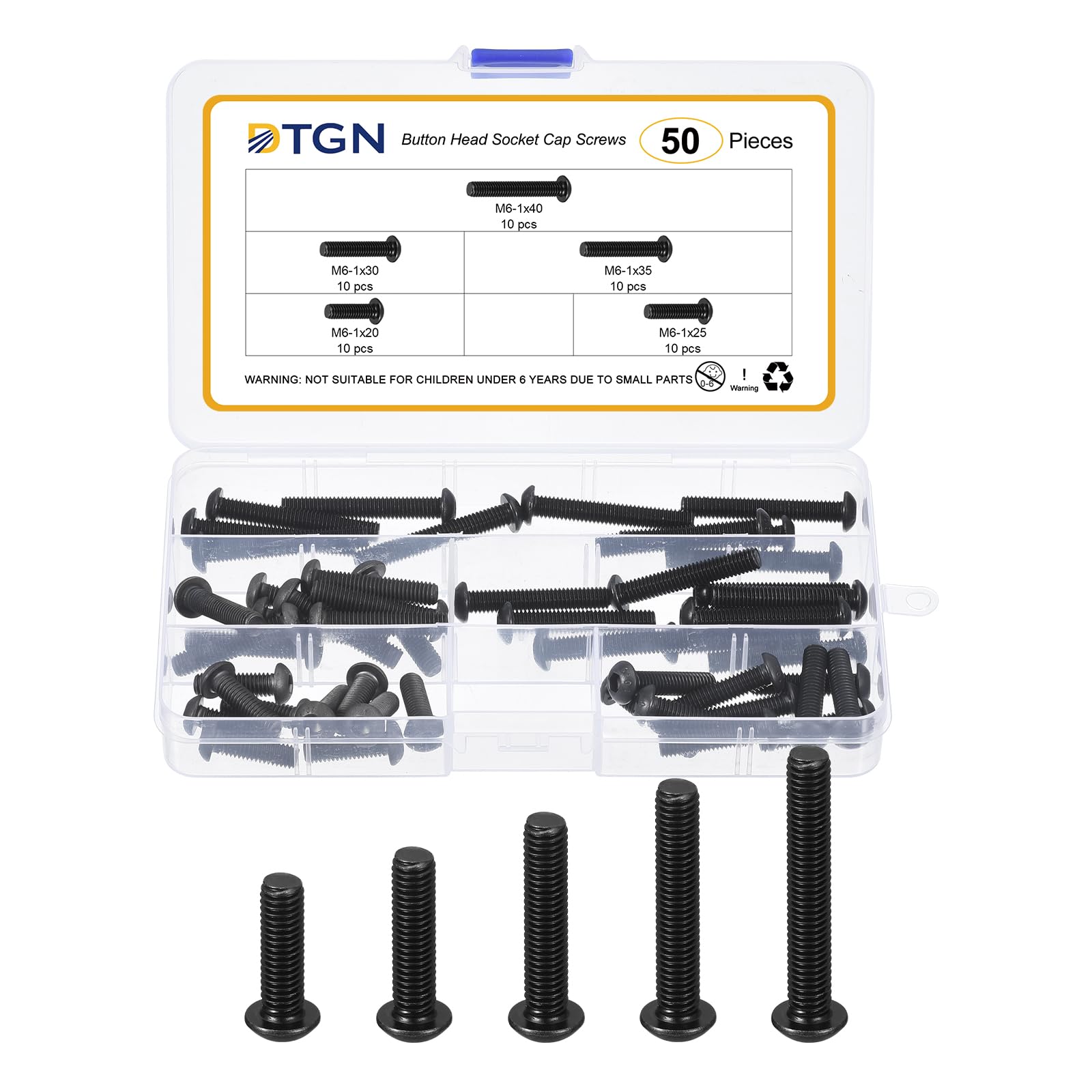 DTGN 50Pcs M6-1x20/25/30/35/40mm Button Head Socket Cap Screws, Carbon Steel Bolt Set Assortment Kit
