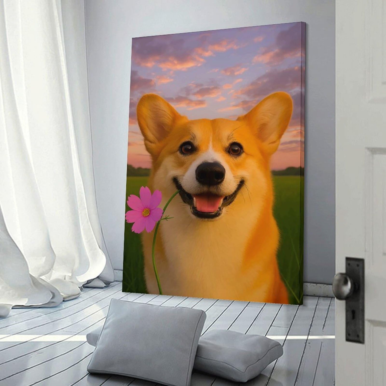 Junmoney Hanging Wall Art Smiling Corgi with Flower, 20x30inch(50x75cm), for Work Areas, Reading Rooms Or Studios, Wall Art That Adds Style to Work Areas