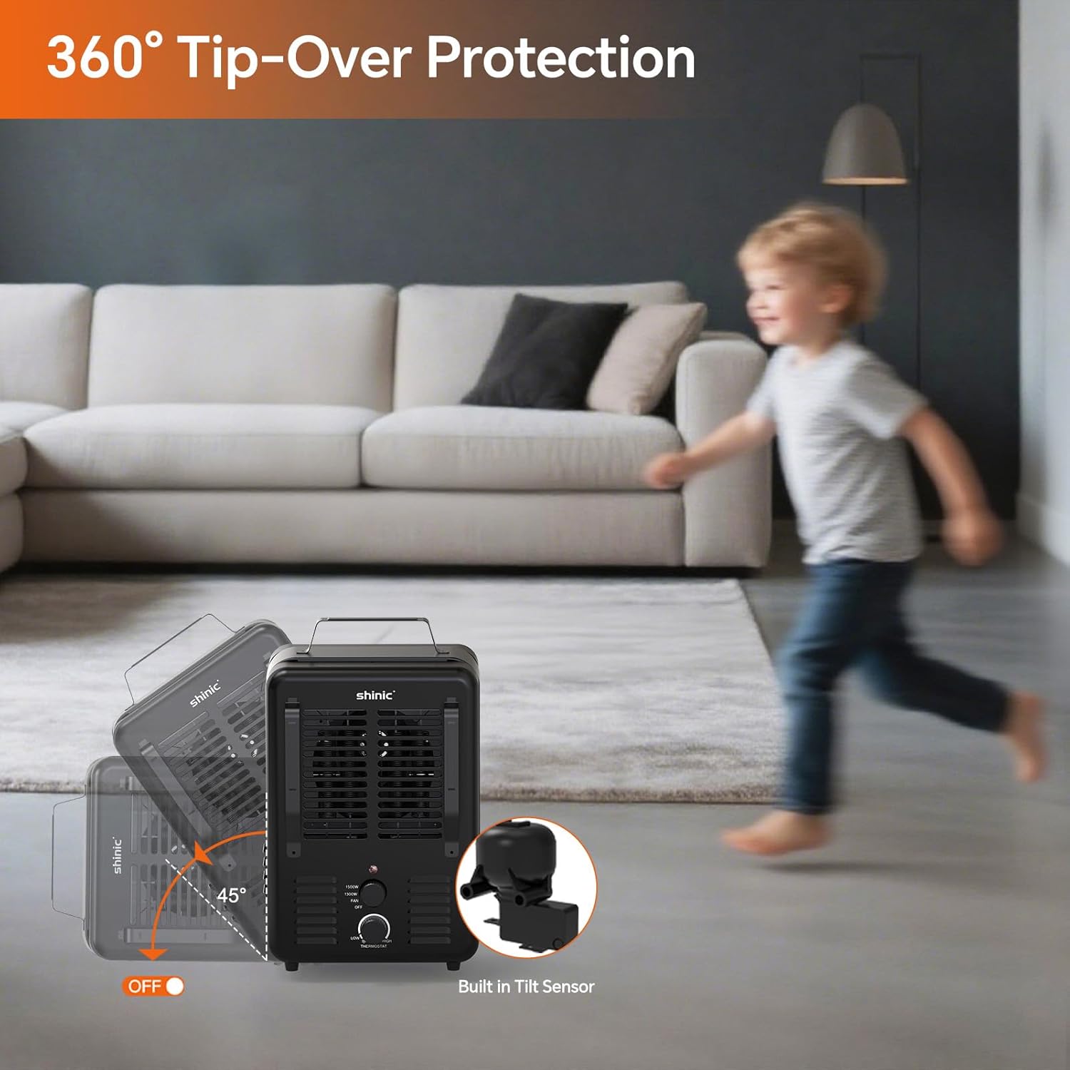 Shinic 1500W Milkhouse Heater, Utility Heater with Adjustable Thermostat, Tip-Over Switch & Overheat Protection, ETL Certified for Garage, Farm, Workshop,Black