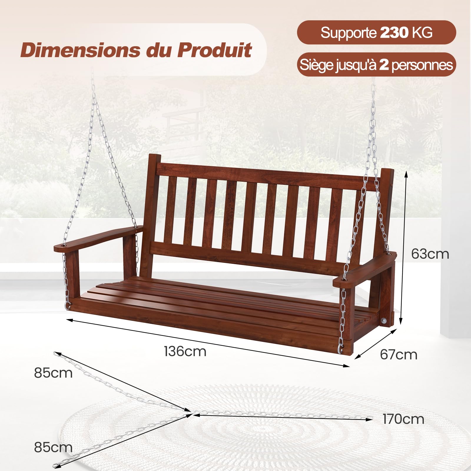 GOPLUS Balançelle Jardin 2/3 Places Extérieur Chaise Hamac Suspension Bois 230/360KG 136x67x63CM Marron