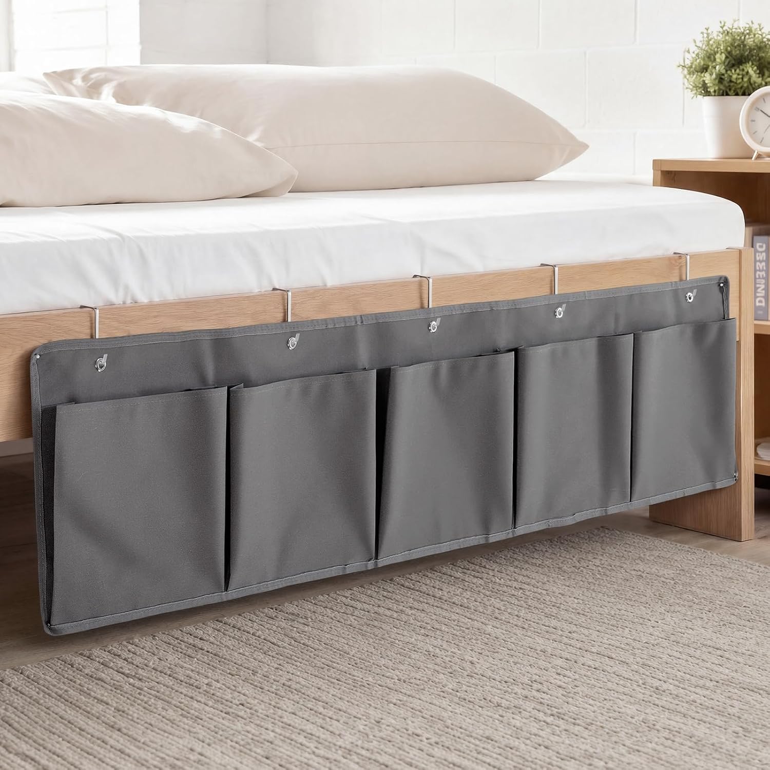 Extra Large Bedside Caddy Storage Bag 53 Inch Bedside Hanging Organizer Bedskirt Pocket Organizer Storage Bag Shoe Rv Pockets with Hook for Home Dormitory Hospital Camper Van Bunk Nursery Bed(Grey)