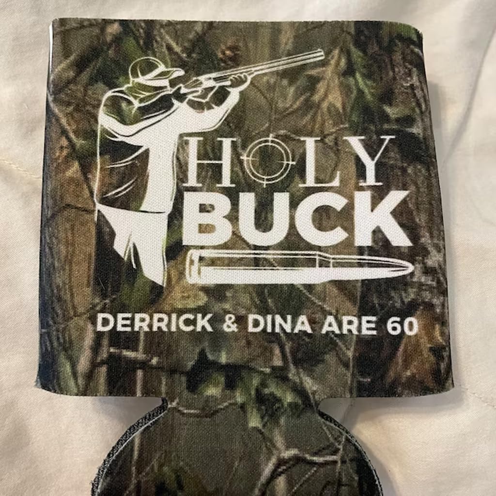 VictoryStore Custom Birthday Can Cooler – “Holy Buck” Camo Party Favor – Personalized with Name & Age – Fits 12oz Cans or Bottles – Hunter-Themed Birthday Drink Sleeve, Set of 25