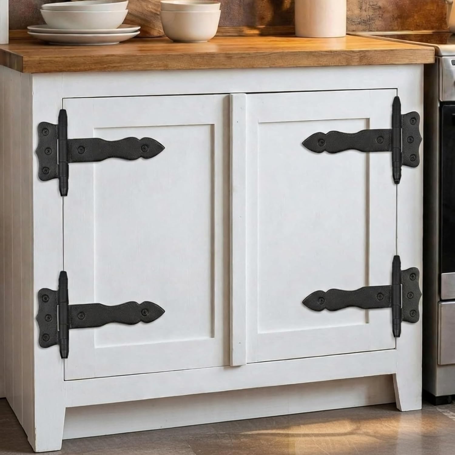 8 Pack 5'' Antique Cast Iron Vintage Heavy Duty T Hinges with Hardware Decorative Black Powder Coated Wrought Iron Shed Door Hinge for Barn Doors Gates Cabinets Wardrobes Windows Furniture