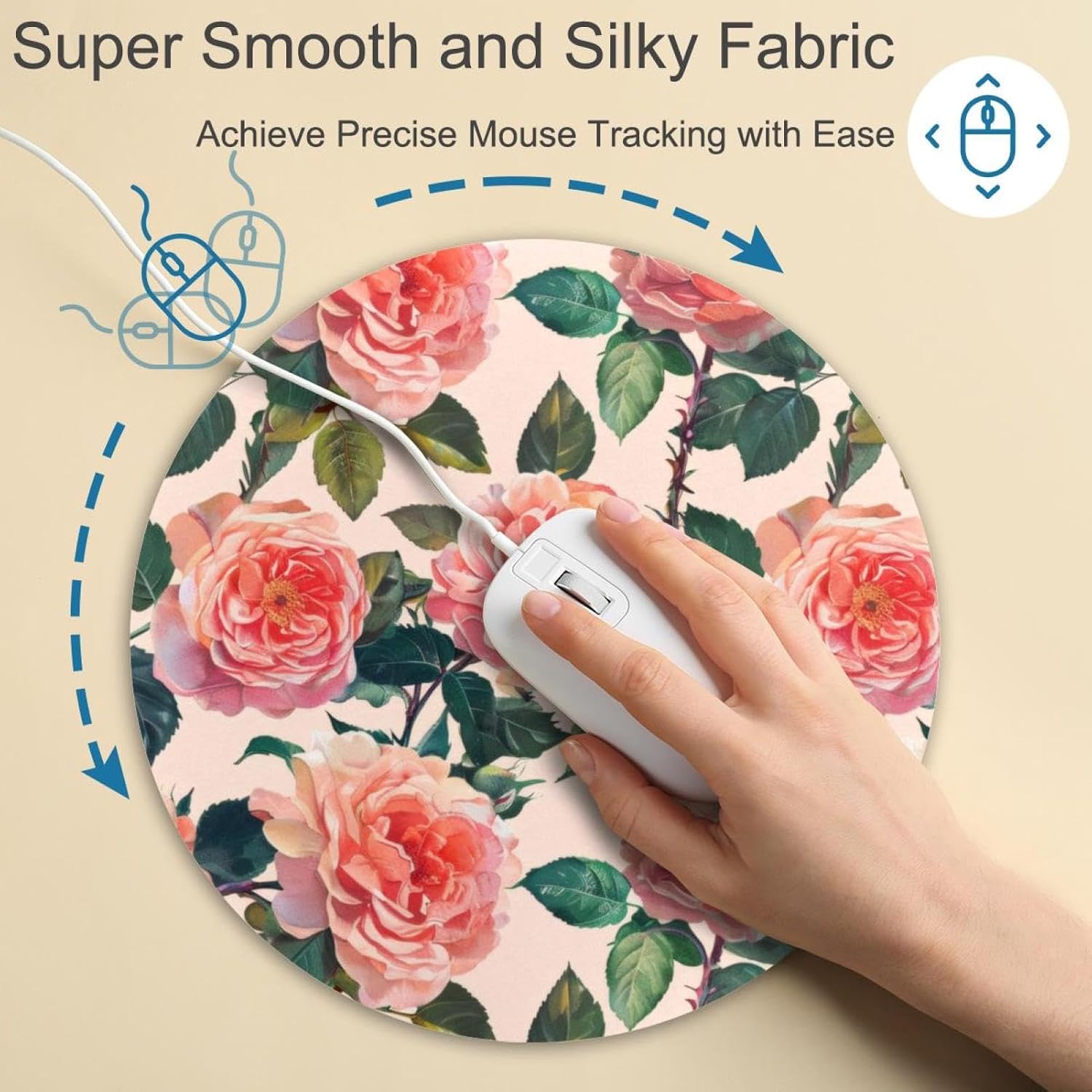 Round Mouse Pad for Women Men, 10’’ Round Desk Pad Mousepad Non-Slip Rubber Base, Office Home Laptop Accessories, Pink Rose Aesthetic Pattern image 4