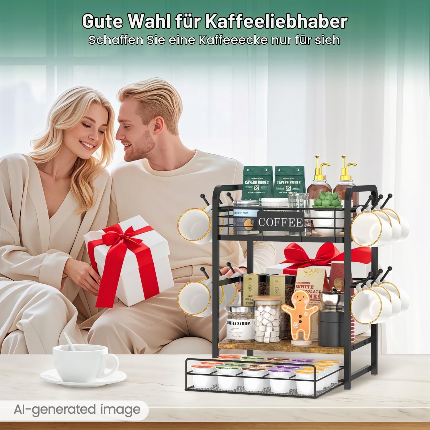 EsLuker.ly 3-stufig Tassenhalter und Tassenregal mit Schublade, Kaffee Regal Organizer für Theke, Coffee Bar Organizer with Tassen Regal, Tassenhalter Stehend, Ideal für Küchen