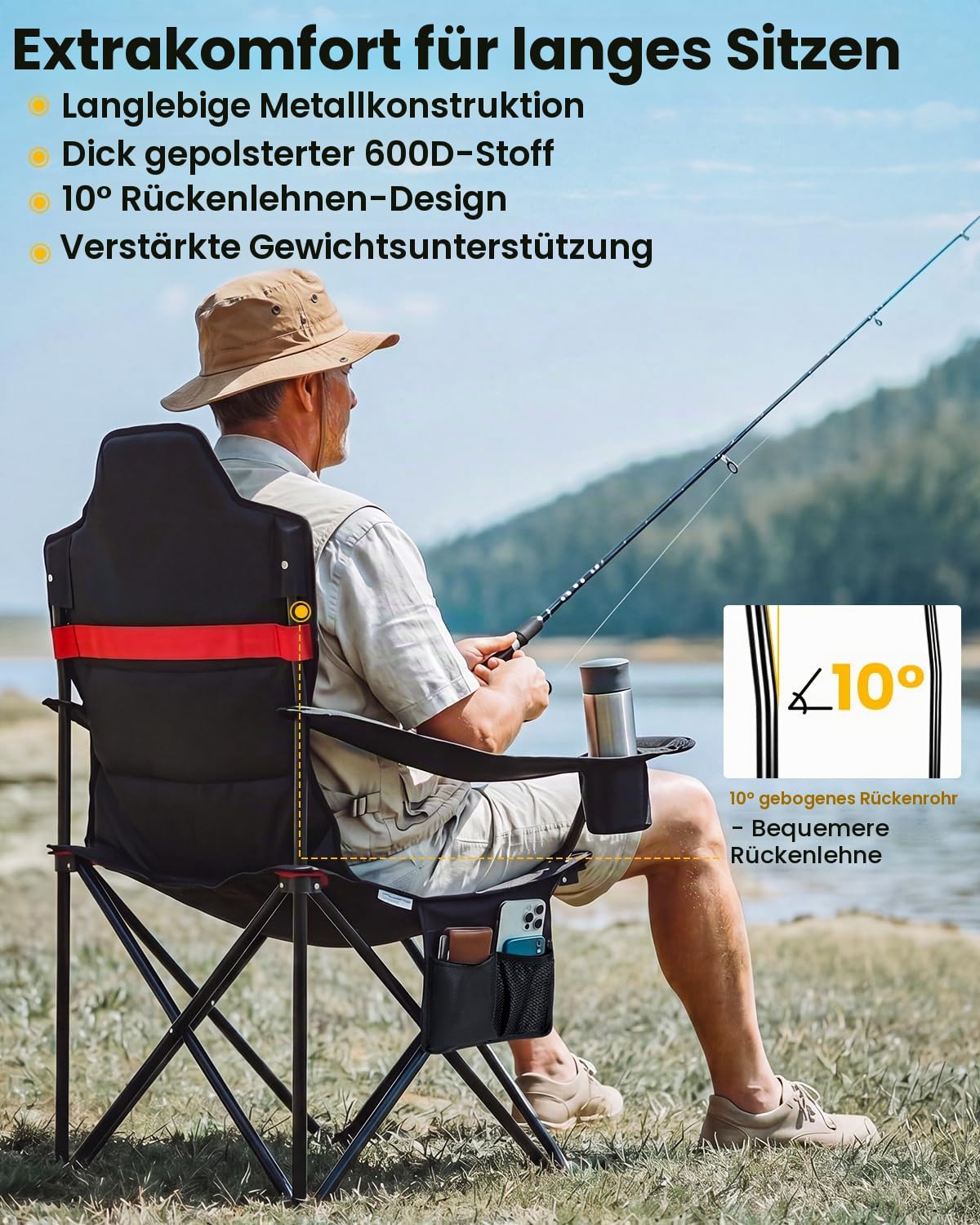 YEAUPE PRO Campingstuhl Faltbar Bequem Gepolster 2er Set, 150 KG Belastbar | Camping Stuhl mit Hochlehner, Breiter Sitz | Multifunktional Angelstuhl, Karpfenstuhl, Klappstuhl Camping mit Kühltasche