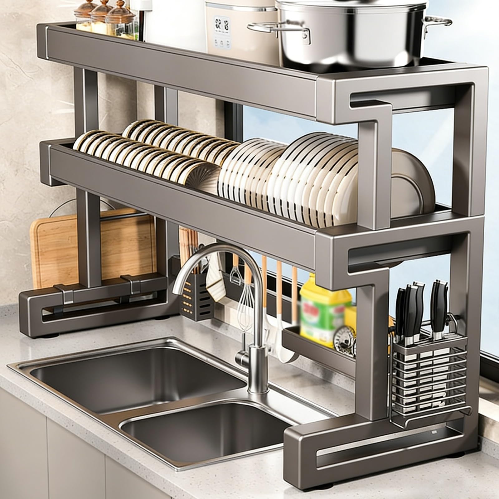 Escurridor de platos de acero inoxidable para encimera de cocina, almacenamiento para platos, vasos, cuencos y cubiertos