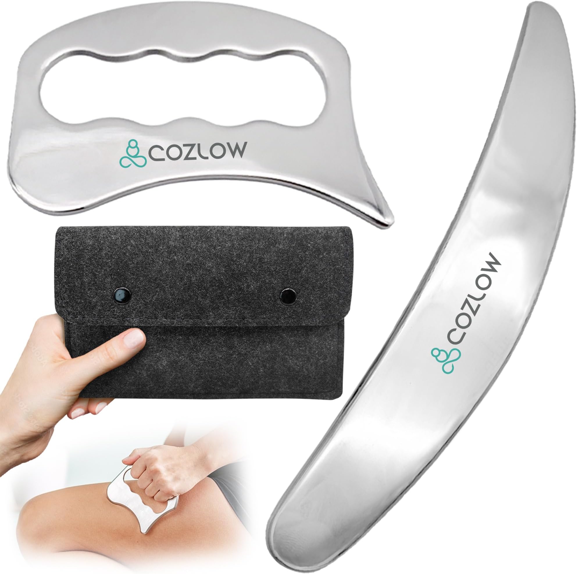 Cozlow - 2-in-1 Muscle Scraper Tool Set - Skin Scraping Massage Tools for IASTM Therapy - Deep Tissue Gua Sha for Soft Tissue Mobilization, Fascia & Myofascial Release - Stainless Steel Metal Blades