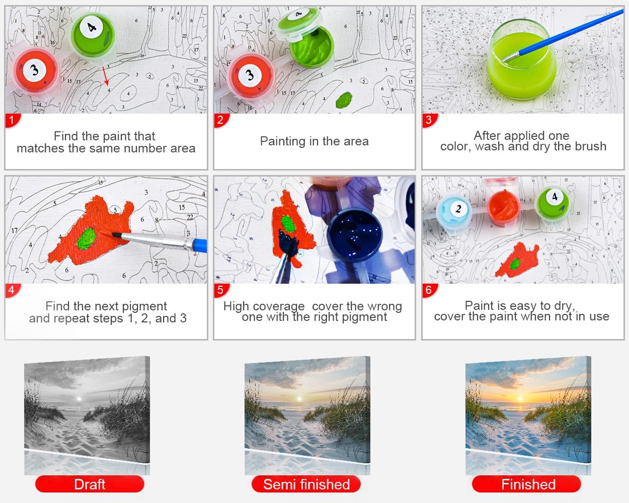 Rebotipy Paint by Numbers Kit for Adults Beginner, Seaside Sunset Adult Paint by Number Kits on Canvas, Beach and Sky DIY Watercolor Oil Paint by Number for Home Decor 16x20 Inch -with Frame