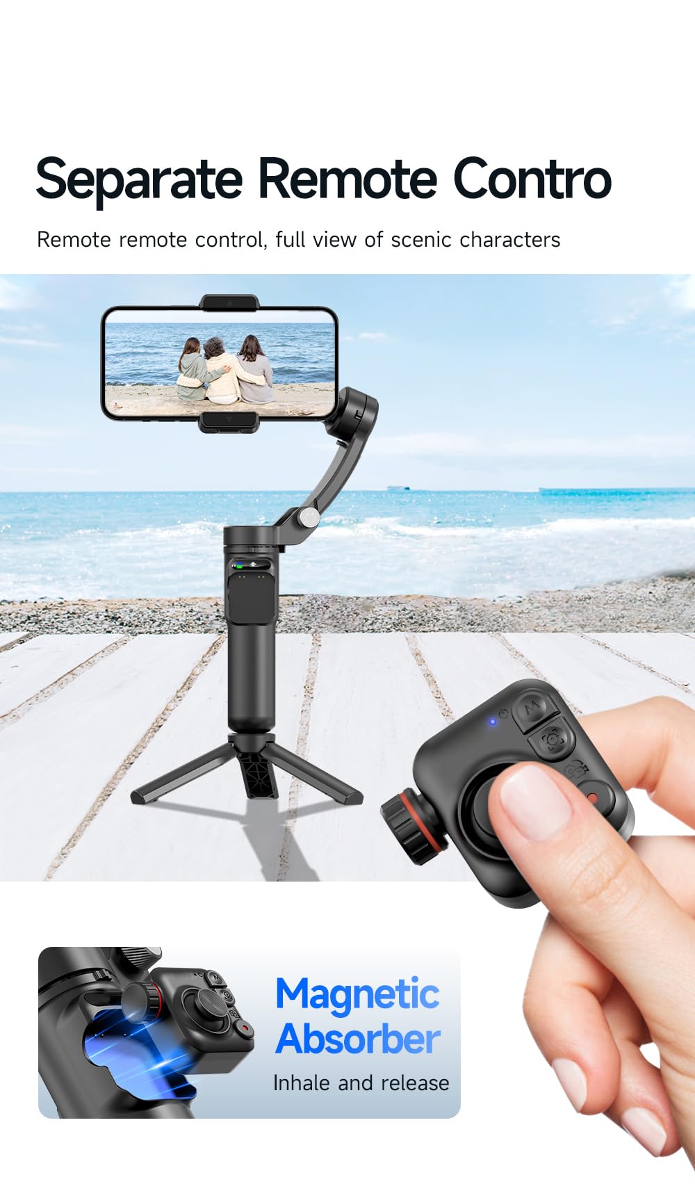 Sea frogs Estabilizador de cardán para smartphone, 3 ejes con luz de llenado magnético/sensor de seguimiento AI, portátil y plegable con trípode para iPhone, Android, YouTube TikTok Video