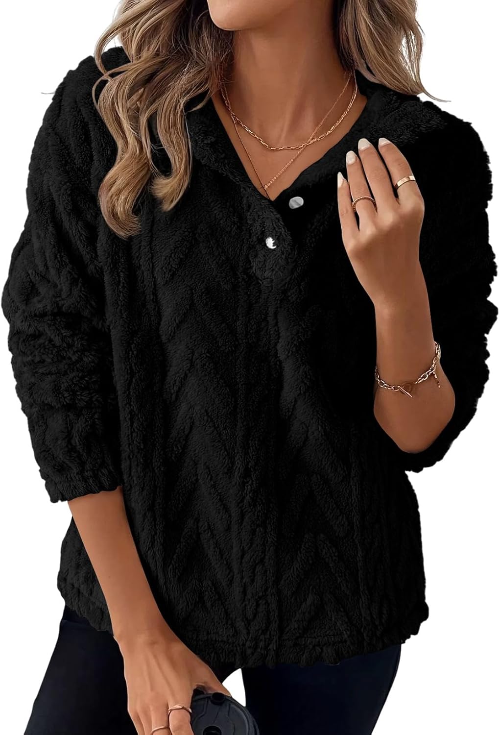 BLENCOT Womens Casual Button Down Collar Pullover Fleece Sweatshirt Long Sleeve Tops Warm Sherpa Coat Jacket Pockets - Image 4