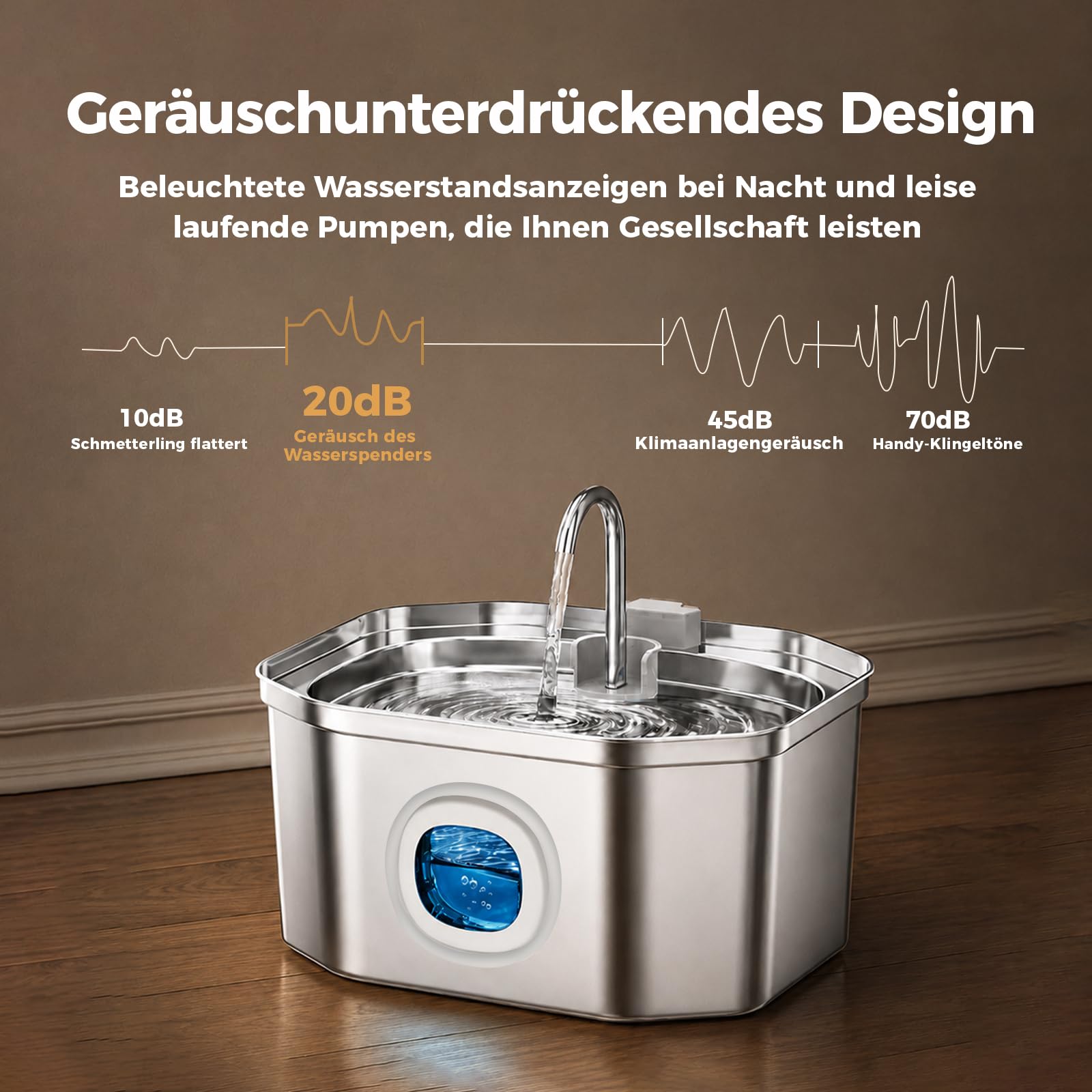 Apauk Katzenbrunnen, Trinkbrunnen für Katze, Trinkbrunnen Edelstahl, Ultraleiser Trinkbrunnen für Katze und kleine Hunde,mit LED-Fenster, S -3.2L Große Kapazität (A-2 Filter & 2 Schwämme)