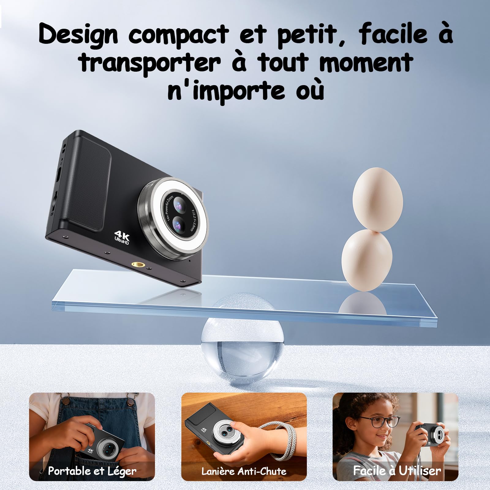2.8'' Appareil Photo NuméRique, JDZ Appareil Photo Compact 4K HD, Zoom 16X, 48MP Digital Camera, Built in 32 Go Carte SD, Camera Digital pour Garçons et Filles, Adolescents, Débutants Adultes (Noir) | Appareil Photo CD HD 4K, Zoom 16X, Appareil Photo Numé