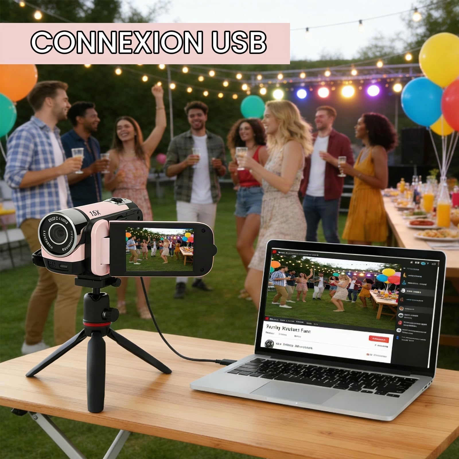 Appareil photo numérique HD 1080p, zoom 16x, écran TFT rotatif 2,7" 16 MP pour enregistrement de voyage (rose)